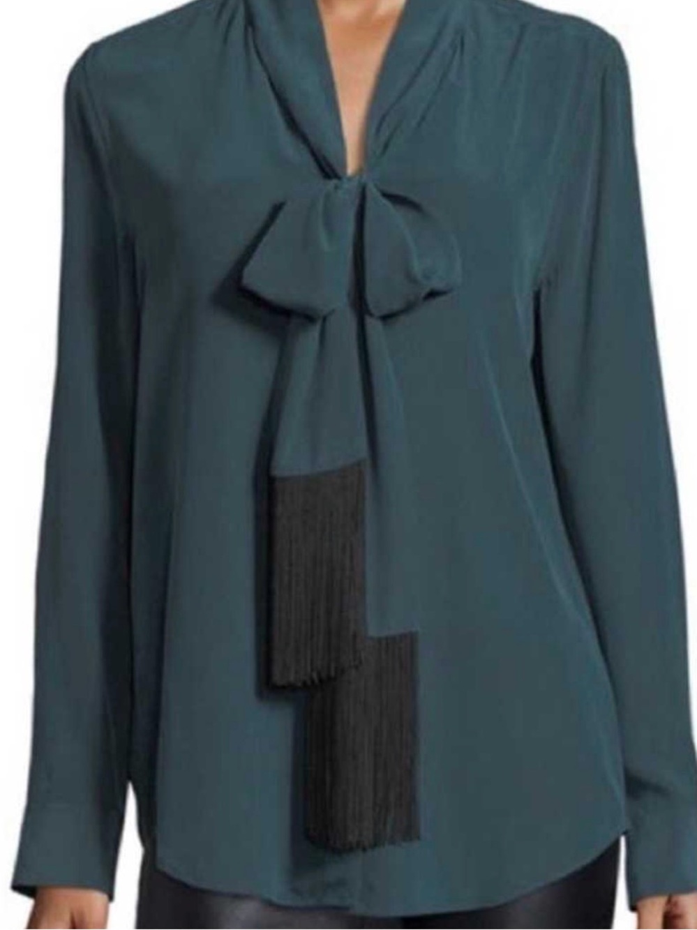 Equipment 100% silk essential Tie-Neck Long Sleeve Blouse in Eden green w fringe